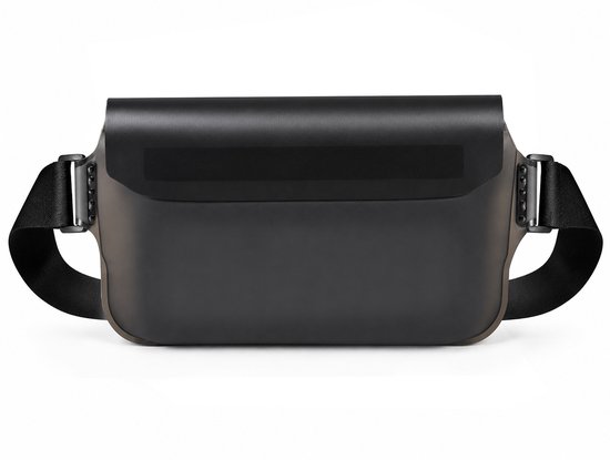 Un sac banane noir avec une sangle réglable, sur fond blanc.