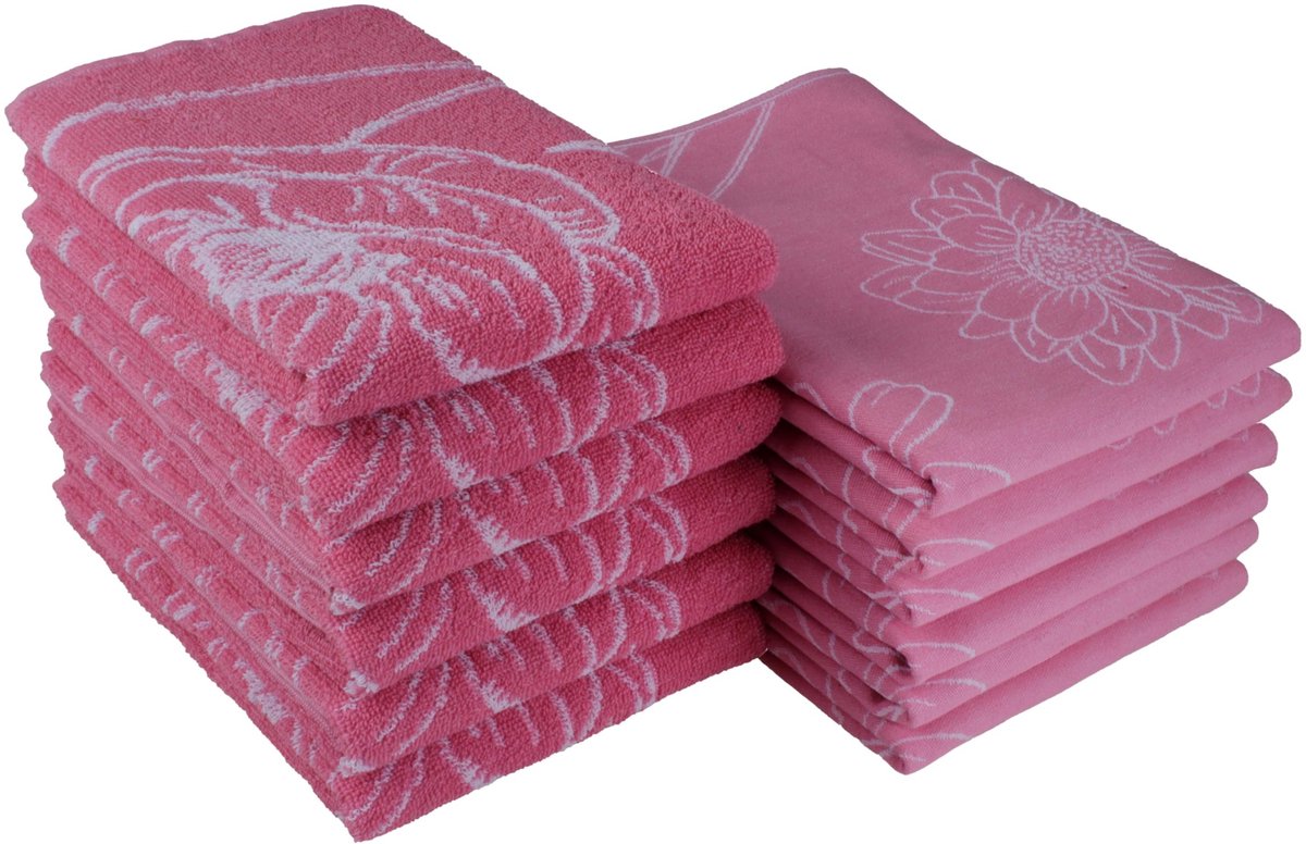 Dailygoods- Theedoeken Set van 12 - 100% Katoen - Oeko-Tex Gecertificeerd - 6 x 50 x 70 cm / 6 x 50 x 50 cm - Jacquard - Bloem Motief - Roze - Keukenhanddoeken