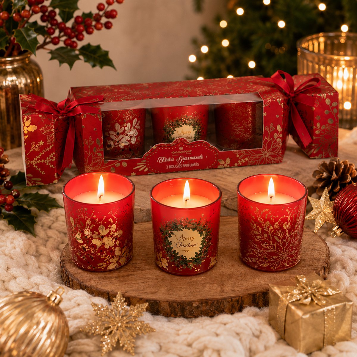 Set van 3 Kerst Geurkaarsen – Geurkaarsen in Rood Bedrukt Glas – Luxe Kerstcadeau – Kerstdecoratie – Sfeervolle Geurkaarsen voor Woonkamer – Cadeauset – Rood — cadeau in Wonen & Interieur - foto 3