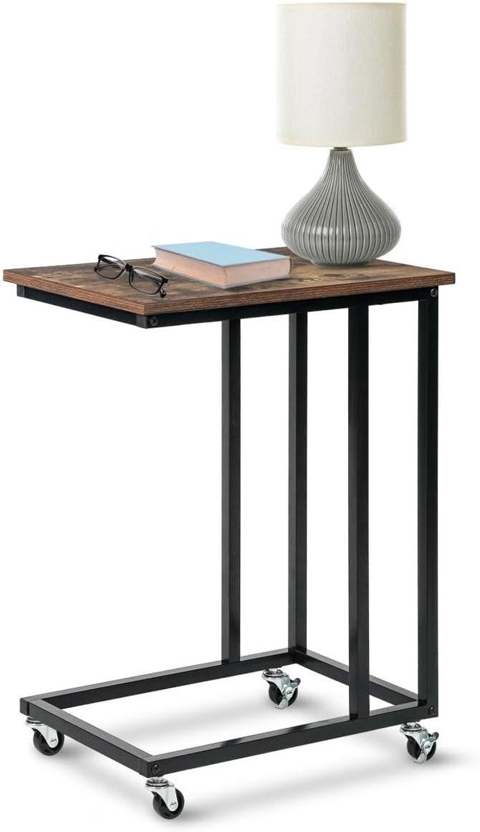 Bijzettafel op wieltjes - C-vormige tafel - Werken en ontspannen - Ruimtebesparend ontwerp - 50x35x67 cm - Houtlook zwart