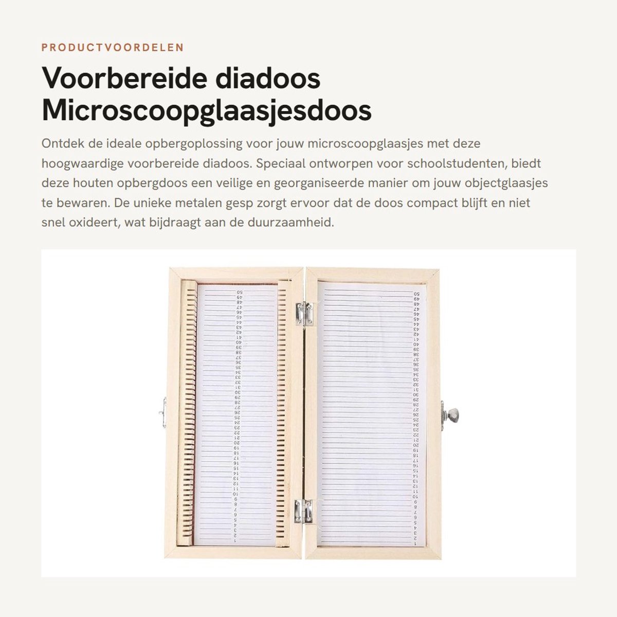 Dailygoods- Diadoos Houten Opbergdoos - Voorbereide Objectglaasjes - Metalen Gesp - Grote Capaciteit - 50 Plakjes - Handgemaakt Massief Hout - Objectglaasjesdoos