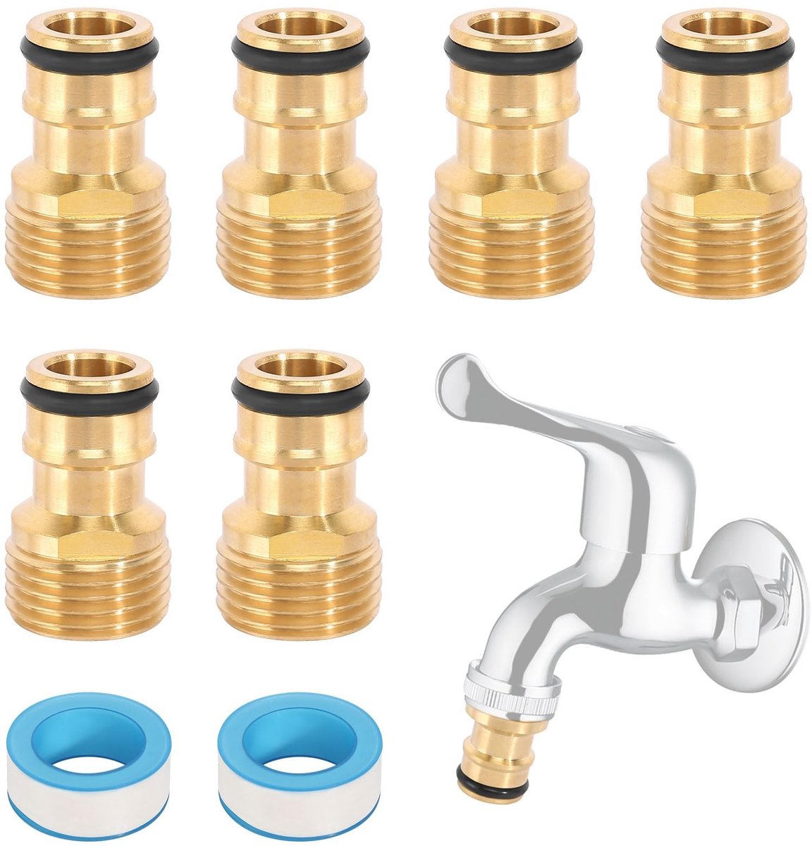Dailygoods - Kraan adapter tuinslang, 6 stuks slangaansluiting, waterkraan met PTFE-afdichtband, 12 m, universele tap connector, buitendraad, kraanconnector voor tuin, keuken, wasmachine