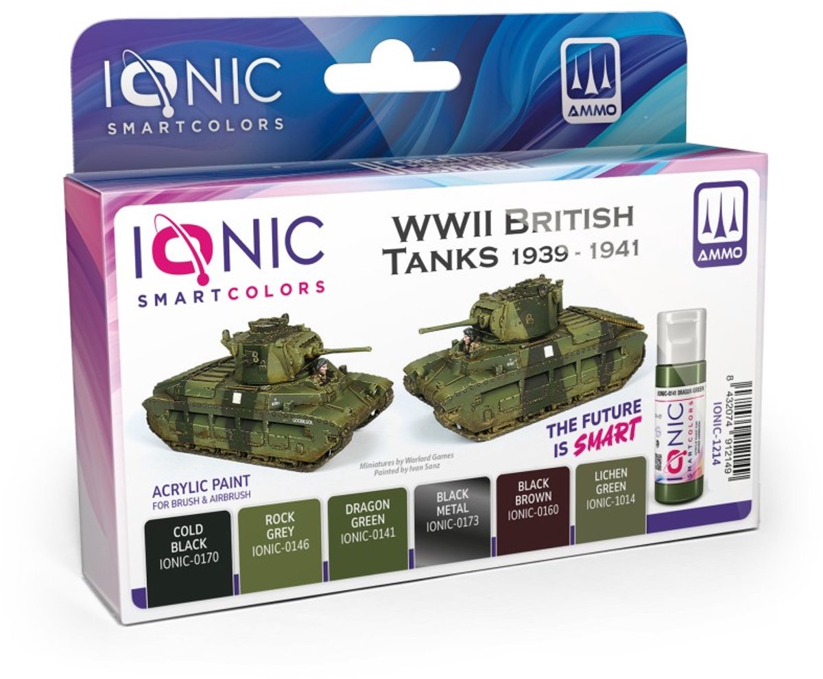 AMMO by Mig Jimenez Hobbyverf Acrylverf - MIG IO1214 Ionic Smart Colors - WWII British Tanks 1939-1941 Kleurenset - Acryl Set 6x20ml Verf set - 6x 20 ml
