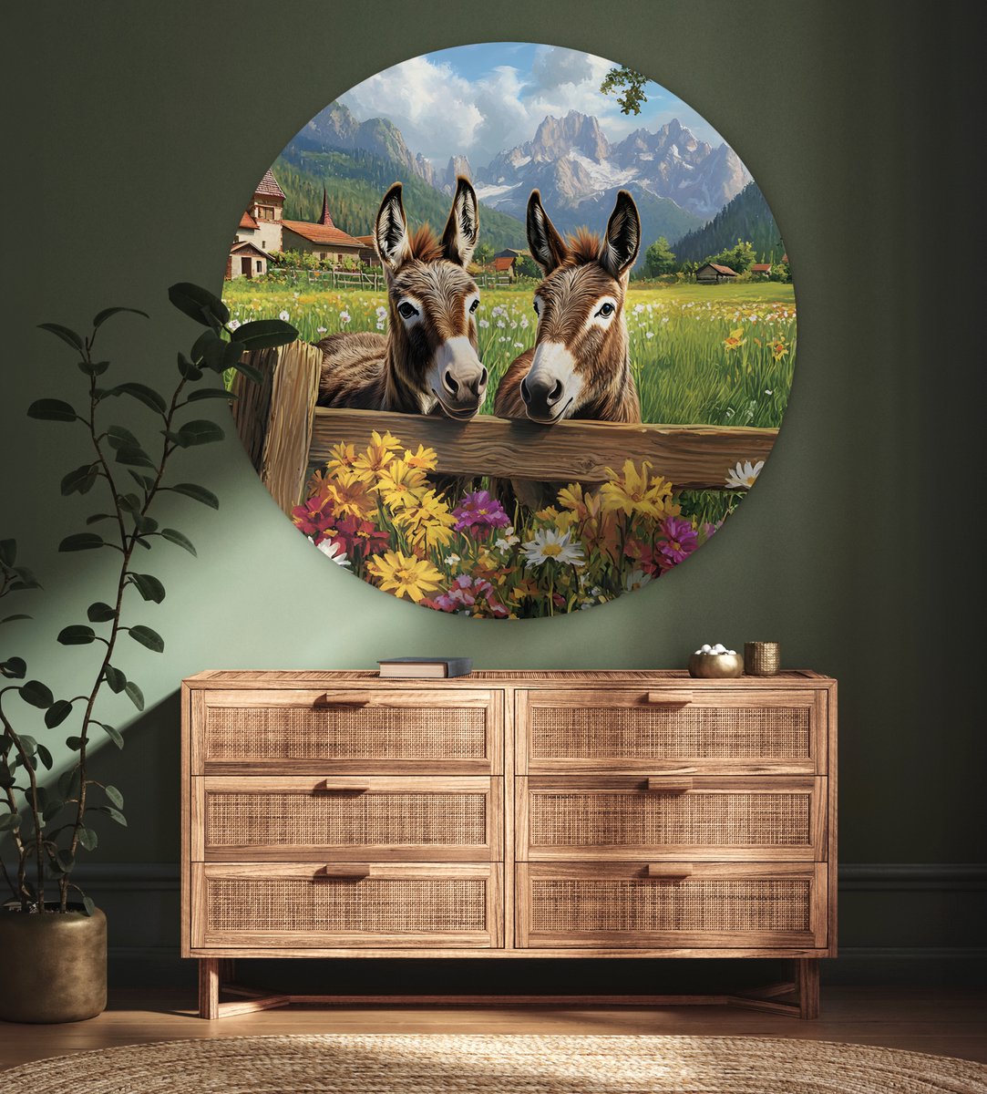 WallCircle® Wandcirkel 140x140 cm - Muurcirkel Ezels - Bloemen - Zomers - Muurdecoratie woonkamer - Wanddecoratie slaapkamer - Kamer decoratie accessoires - Ronde schilderijen