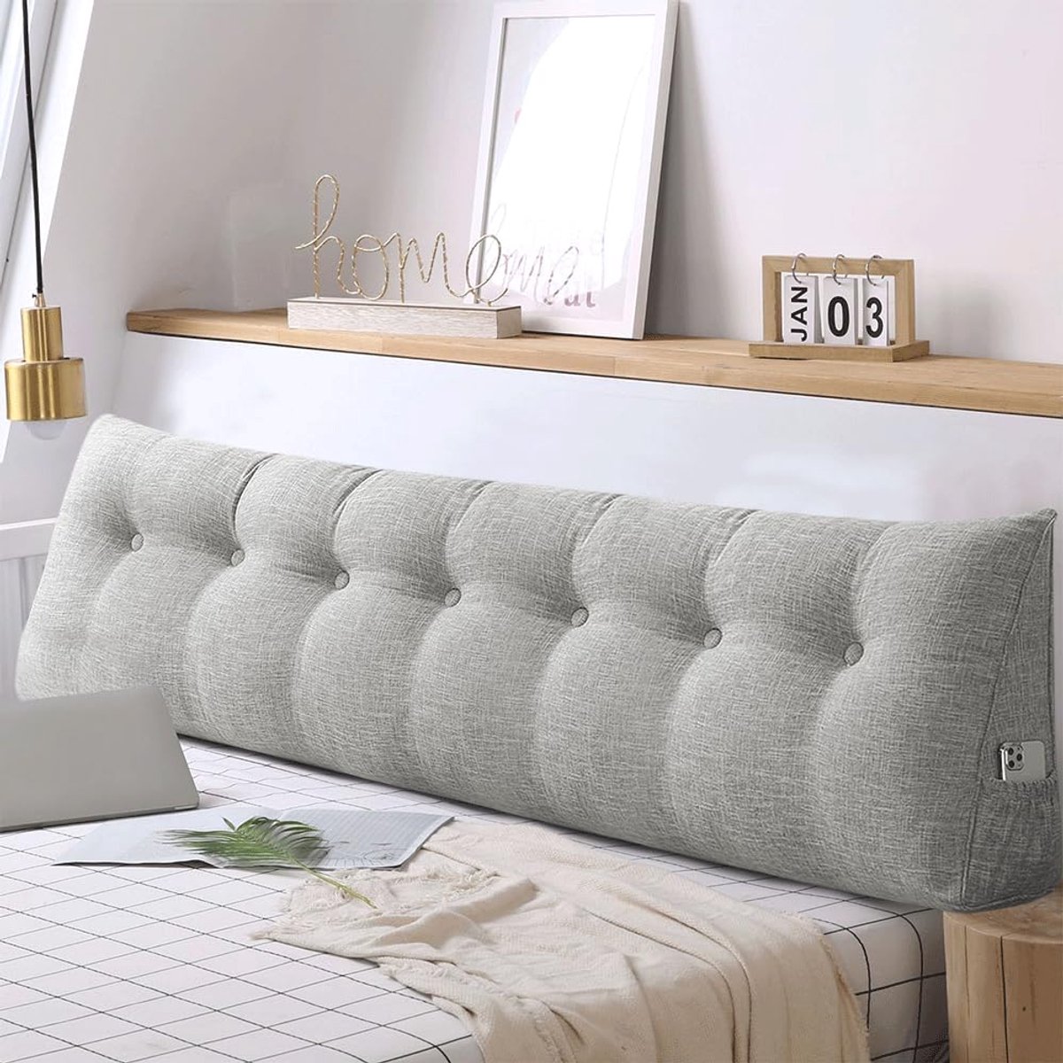 driehoekig, lendensteun, groot rugkussen, katoen en linnen, leeskussen voor bed, leeskussen, afneembaar (LichtGrijs, 200 x 50 x 20 cm, Katoen en Linnen)