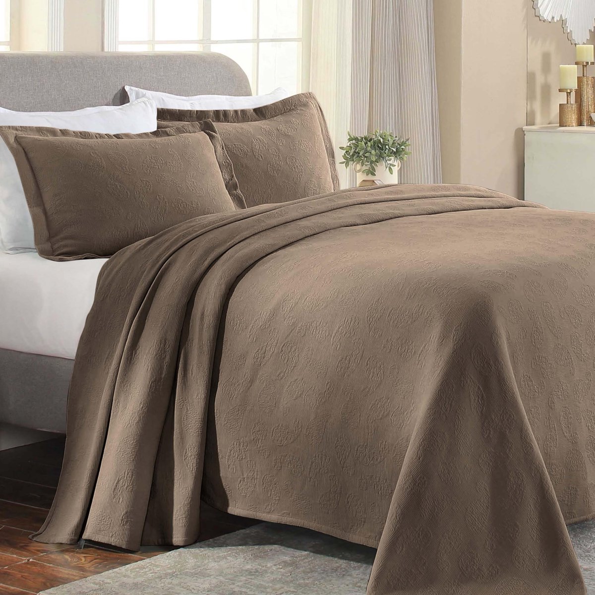 Bedsprei, slaapkamerdecoratie, decoratieve bedsprei, 2 kussenslopen, medium gewicht deken, gewatteerd dekbed, vintage bloemenpatroon, fullsize, taupe