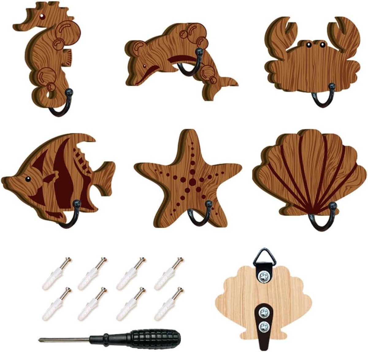 6 stuks decoratieve wandhaken voor aan de muur, 6 stijlen, hout, zee, leven, wandmontage, mantelhaken met 8 stuks 3 cm schroeven en schroevendraaiers