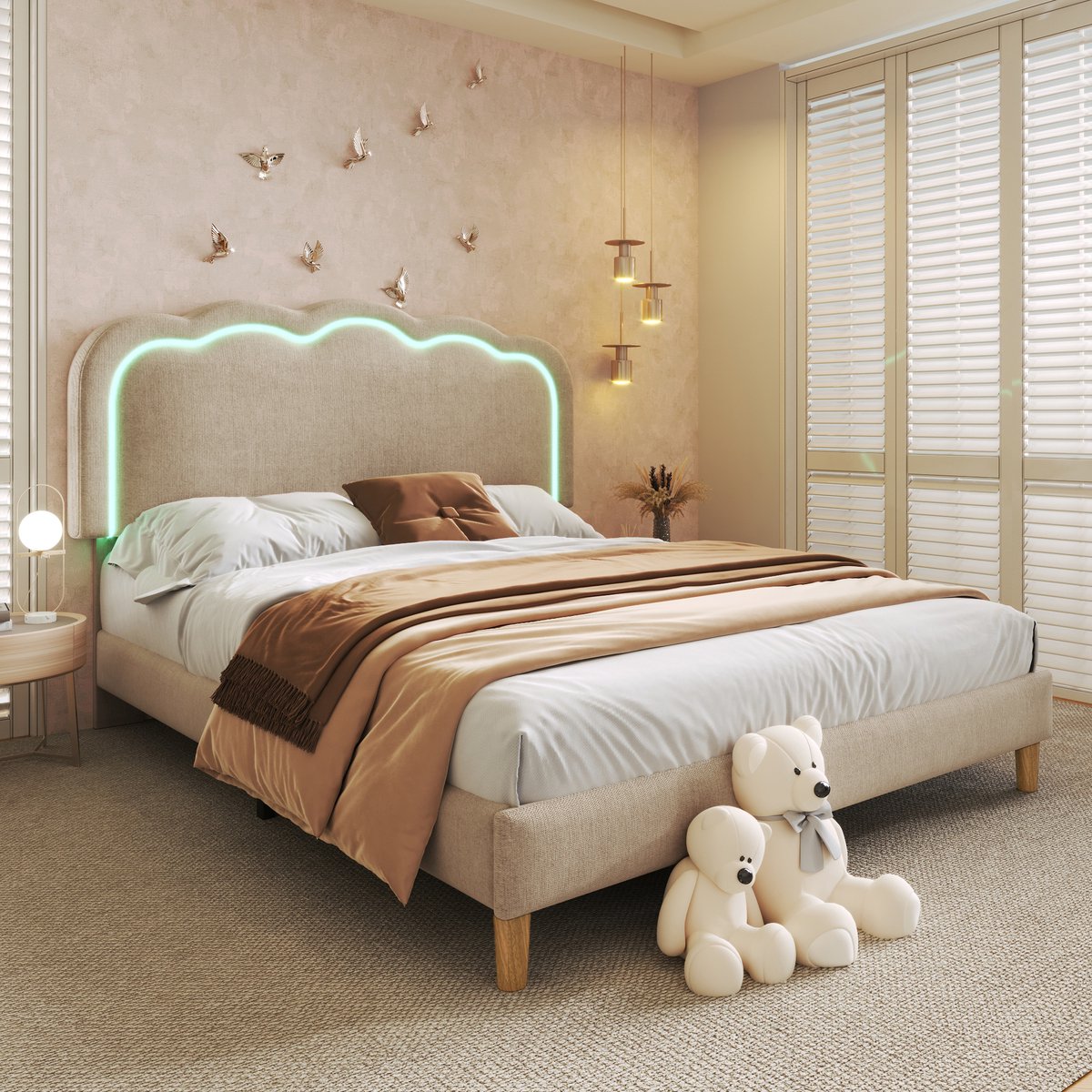 Gestoffeerd bed 140x200 cm - Met ledverlichting, eenpersoonsbed 90x190 cm, bedframe met lattenbodem en verstelbaar hoofdeinde, gestoffeerd bed in Beige, bedframe voor een kinderbed in de slaapkamer of logeerkamer - fluweel
