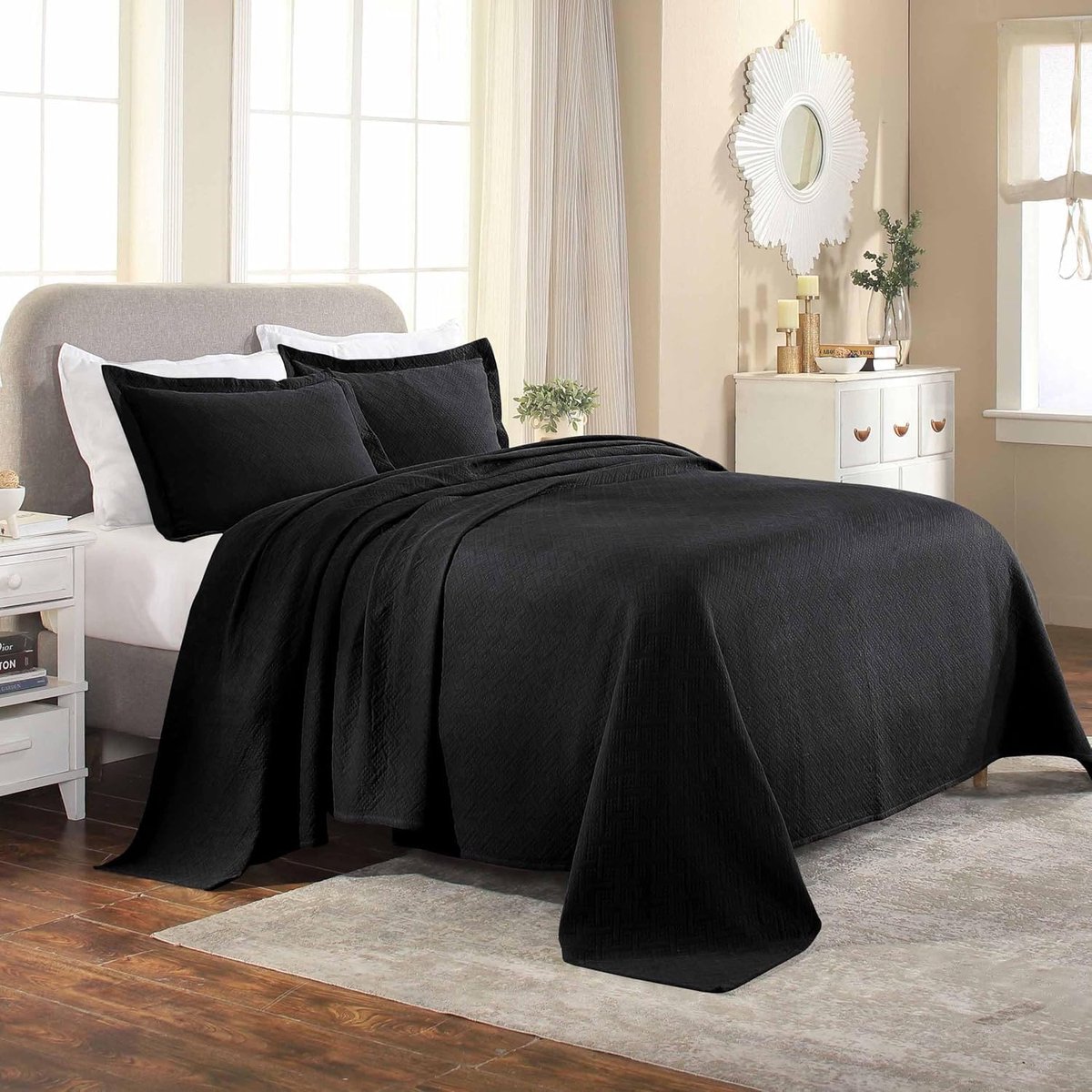 Bedsprei met kussenslopen, katoen, zwart, vol