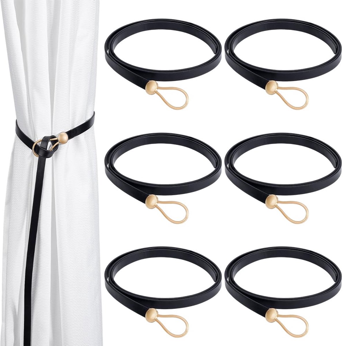 Gordijnhouders van leer, zonder boren, met gesp, minimalistische stijl, raam, draperie, stropdas, gordijnen, decoratief touw, voor thuis, kantoor, hotel, (zwart)