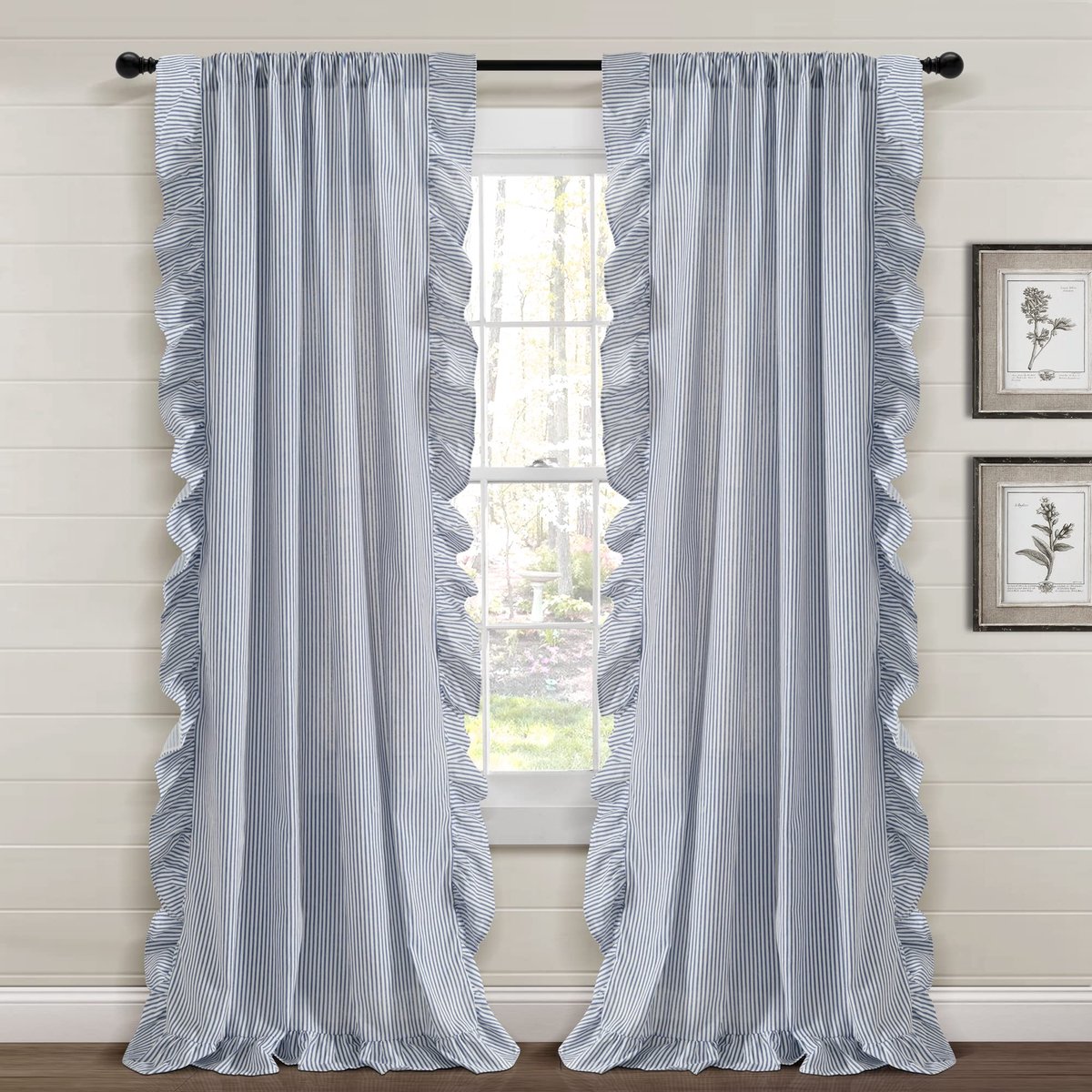 Decor Boerderij Reyna Ruffle Window Curtain Panel Pair, 52" B x 84" L, Navy