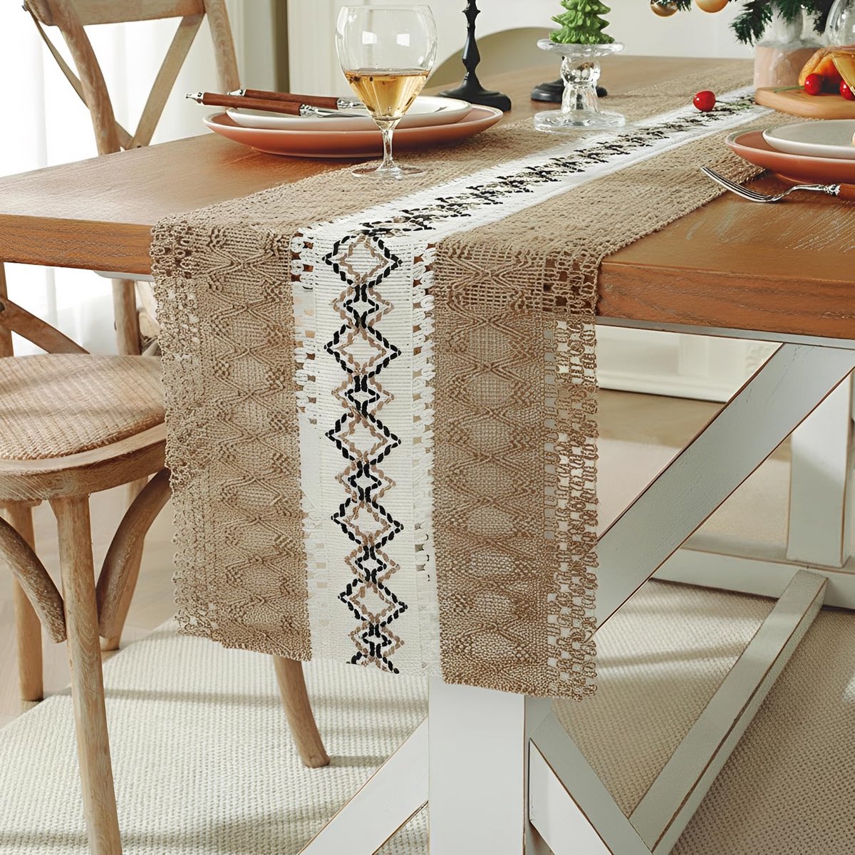 Tafelloper natuurlijk 30 x 80 cm wit macramé Boheems modern wasbaar rustiek rustiek decoratief woonkamer voor bruiloften, feesten, doopfeesten communie