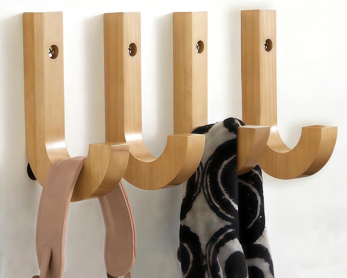 4 stuks garderobehaken van eiken, robuuste kledinghaken met 10 kg draagkracht, wandhaken, hout, voor woonkamer, slaapkamer, keuken