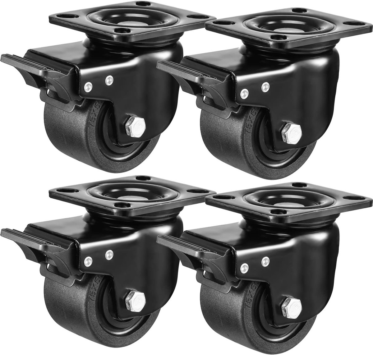 Zwenkwielen 3-inch Heavy Duty van 4400lbs, Low Gravity Center Design zwarte zwenkwielen met rem, duurzaam & stil & stevige nylon wielen voor industriële, set van 4