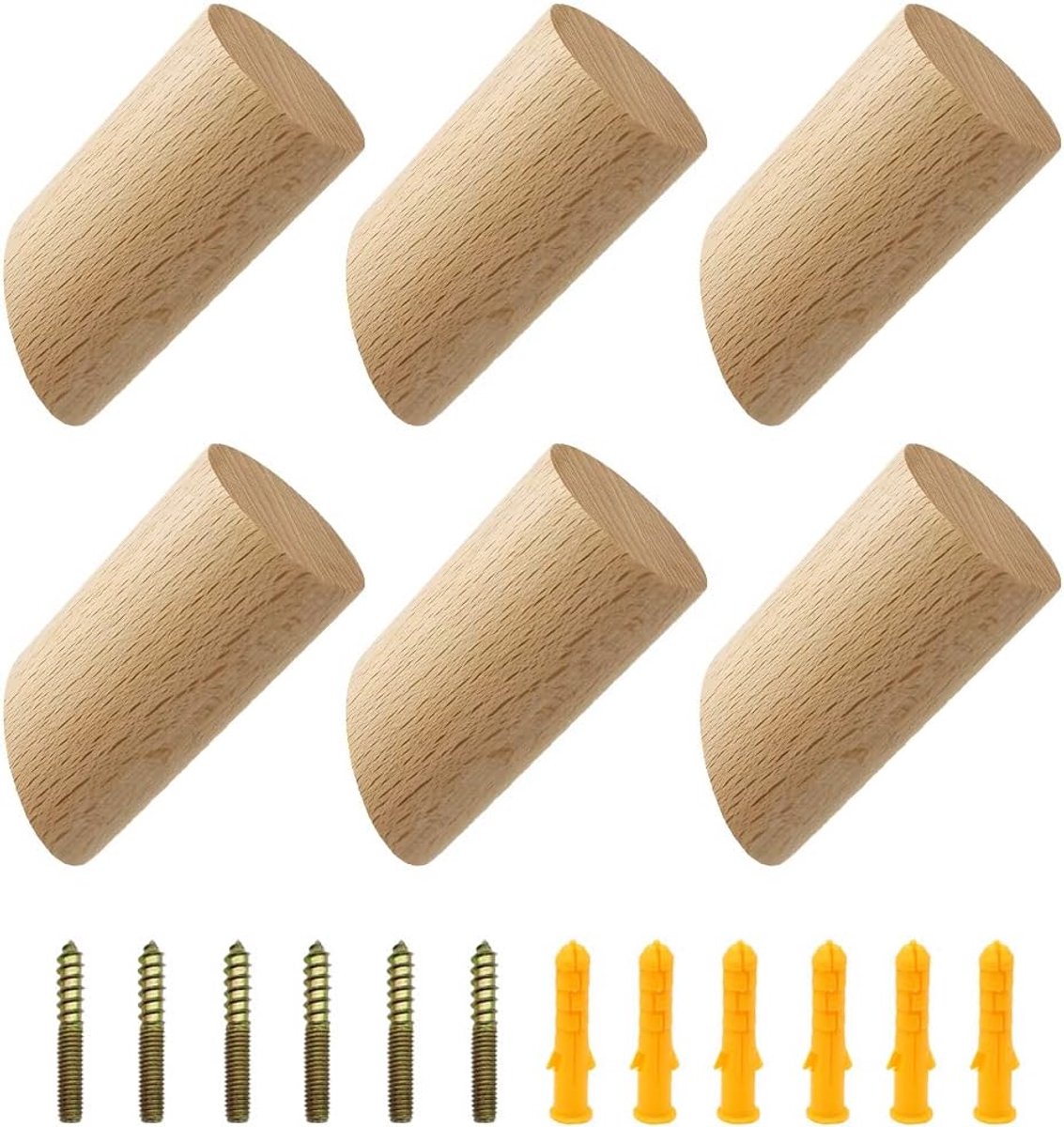 Garderobehaken, 6 Stuks, Natuurlijke Houten Wandhaken, 3 x 6 Cm, Voor Thuisaccessoires, Ophangen, Sjaals, Kleding, Mutsens Met Schroeven
