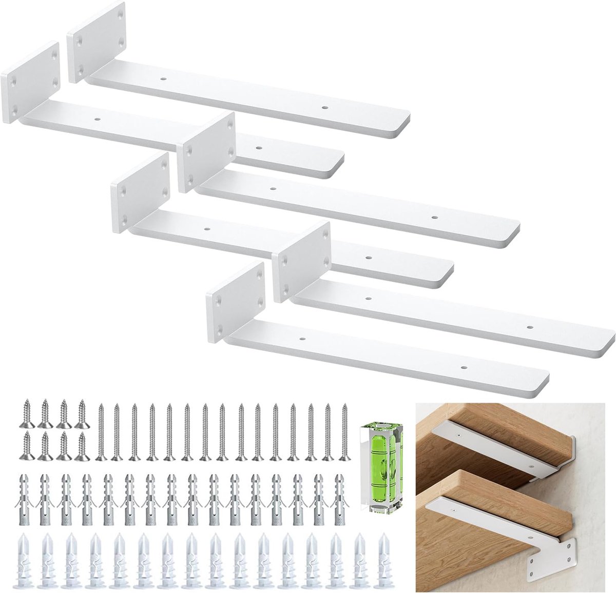 Plankdragers, 25 cm, robuuste plankhoeken (1/5 inch), dik metaal, witte zwevende plankhouders met moderne ijzeren afwerking, wit