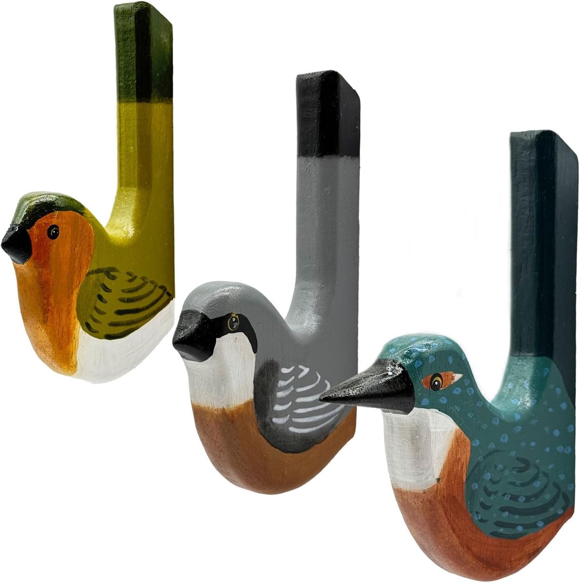 3 wandhaken, garderobehaken van hout, vogels handgemaakt, kledinghaken voor jongens en meisjes, wandgarderobe voor kinderen, diermotieven, decoratie, 15,5 x 8,5 x 2 cm