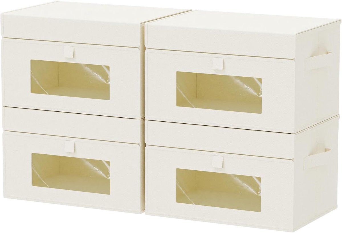 Transparante opbergbak voor raam, kubus-organizermand met klapdeksel en 2 handgrepen, decoratieve dozen met hoes, 4 stuks, beige, 33 x 23 x 20 cm