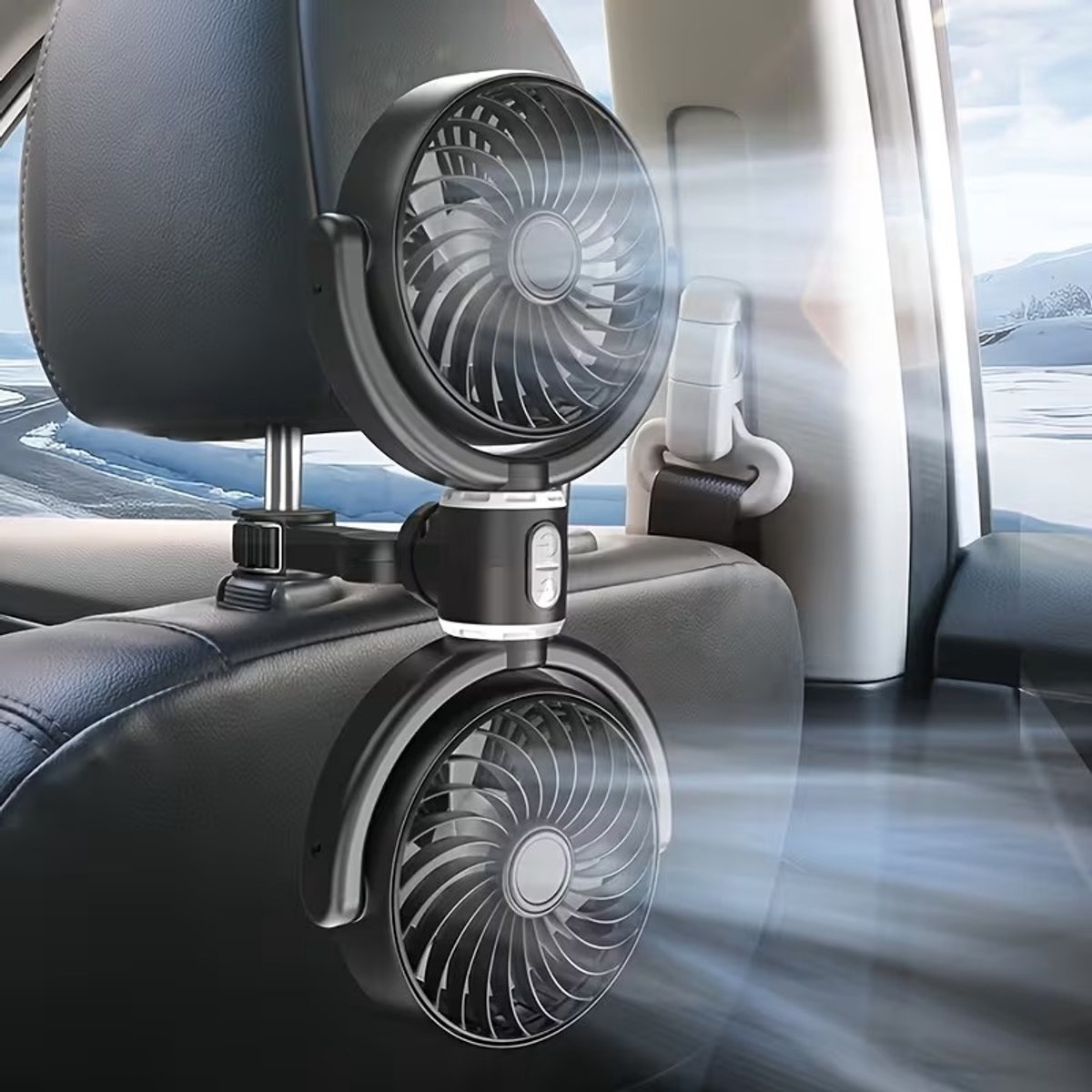 Autoventilator met Dubbele Kop - Dubbele Achterbankventilator - 360° Draaibaar & Traploze Snelheid - Clipmontage Zonder Gereedschap - Universeel 12V - Voor Auto, SUV & Camper