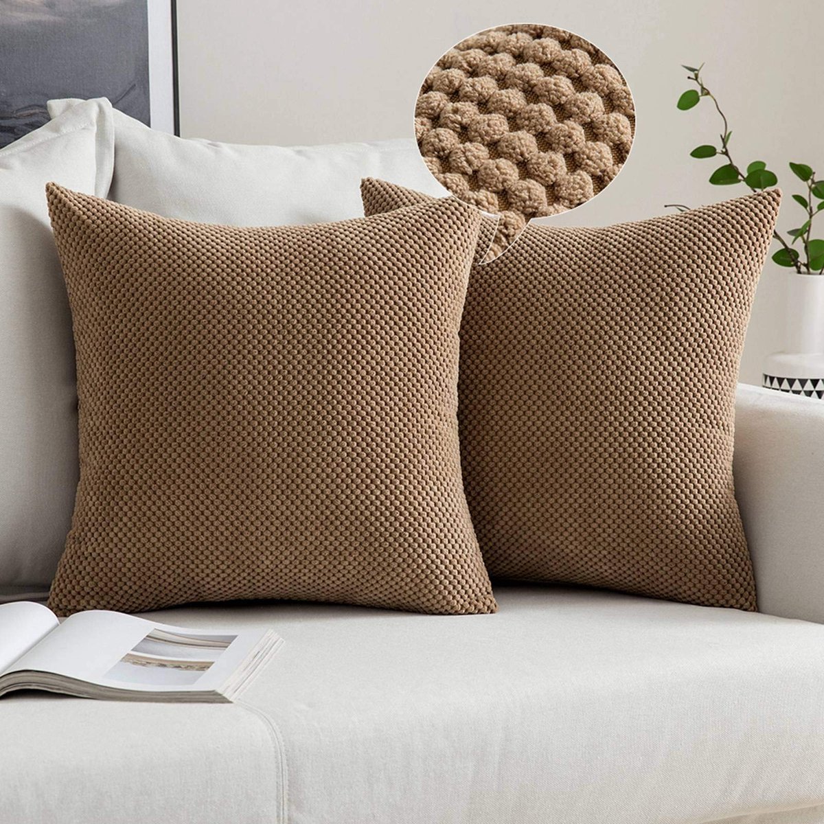 Decoratieve vierkante kussenhoezen met ananas-korrelpatroon, zachte kussenovertrekken voor sofa of slaapkamer, set van 2 stuks, 45 x 45 cm, bruin