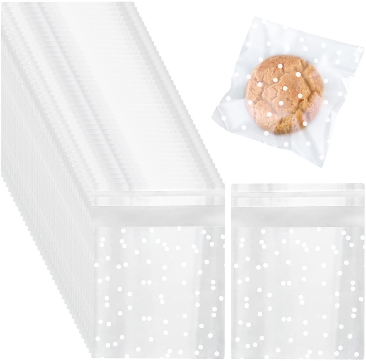 300 stuks cellofaanzakjes - 10 x 10 cm, doorzichtige zelfklevende zakjes met witte stippen, zelfsluitende cellofaanzak, mat plastic pakket voor zoete koekjes, chocolade, koekjessnoep