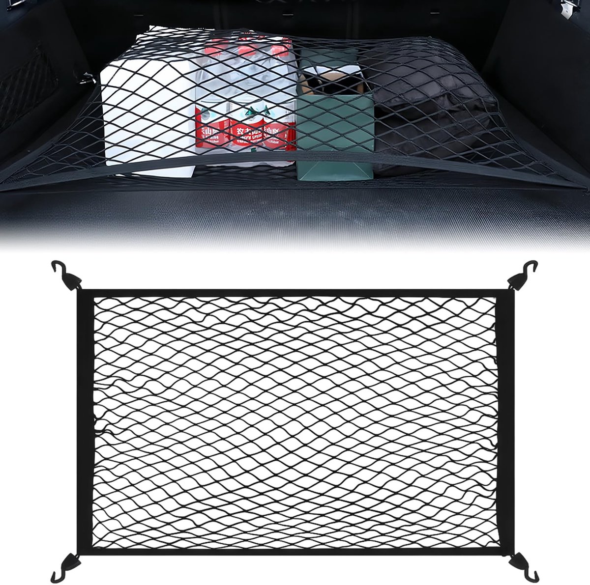 Bagagenet, elastisch nylon kofferbaknet 60×40 cm, enkellaagse vaste bagageorganizer met 4 haken, verstelbaar opbergnet strekt zich uit tot 120×80, universele mesh bagageorganizer voor bagage, SUV