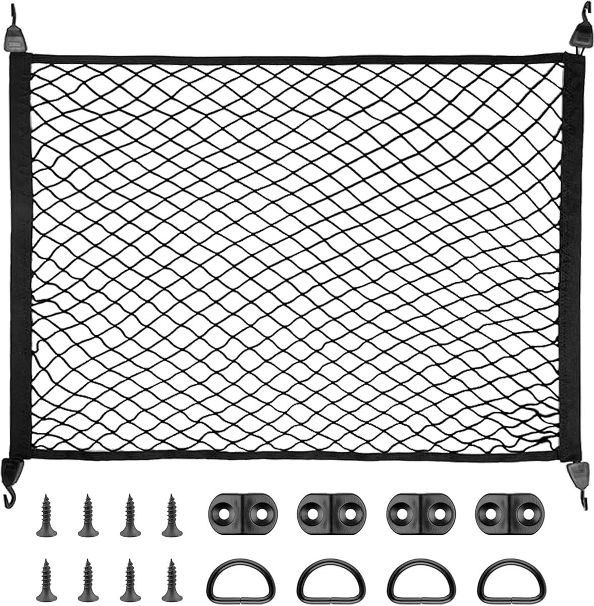 Bagagenet, kofferbaknet, 80 x 60 cm, rekbaar tot 160 x 120 cm, kofferbaknet, scheidingsnet, bagagebevestiging, elastisch net voor de meeste auto's, met bevestigingshaken, D-ringen