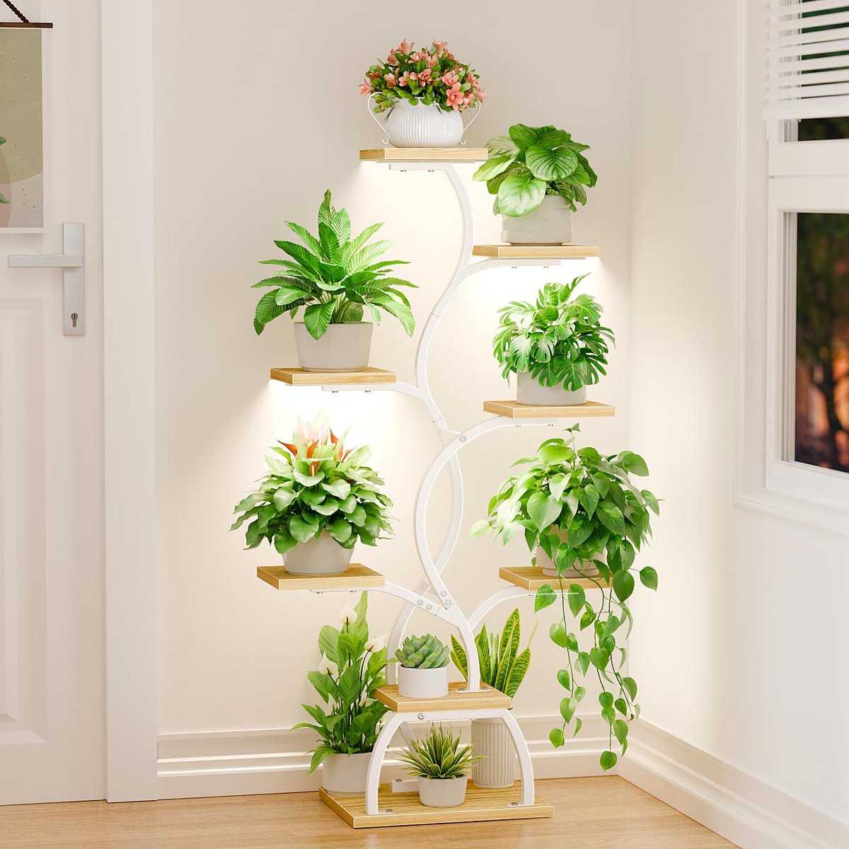 Plantenstandaard met groeilicht, 8 niveaus, bloemenstandaard, 124 cm, metalen houten plantenrek, binnen en buiten, bloementrap, decoratief zwart bloemenrek voor binnen, tuin, balkon, wit