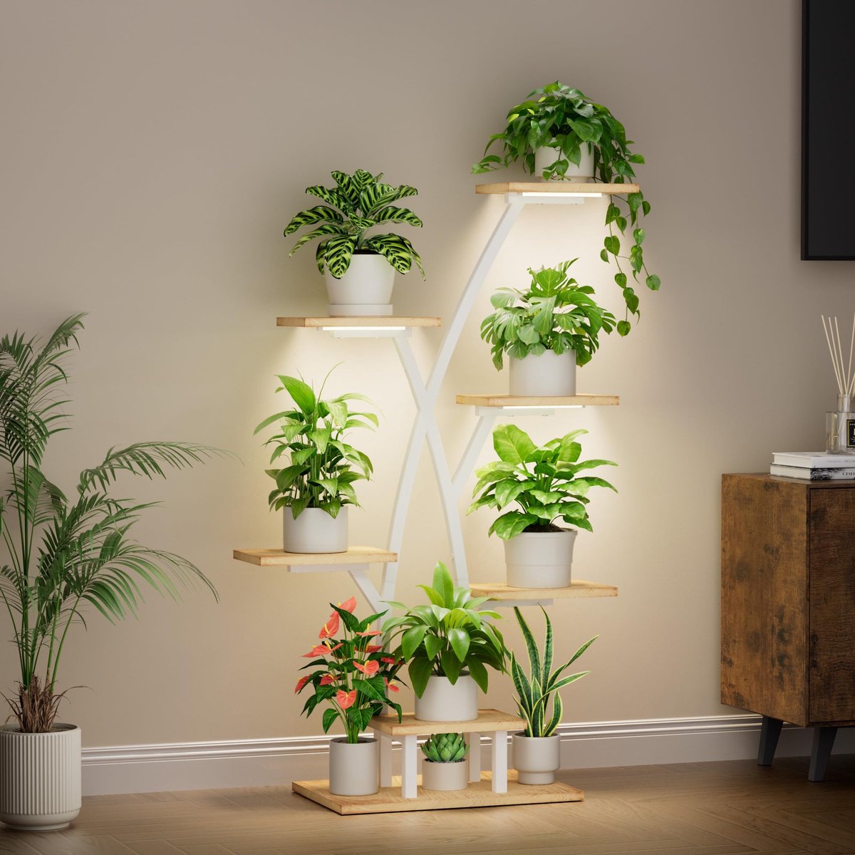 Plantenstandaard met groeilicht, 7 niveaus, bloemenstandaard, 105 cm, metaal, hout, plantenrek, binnen en buiten, bloementrap, decoratief bloemenrek voor binnen, tuin, balkon, wit