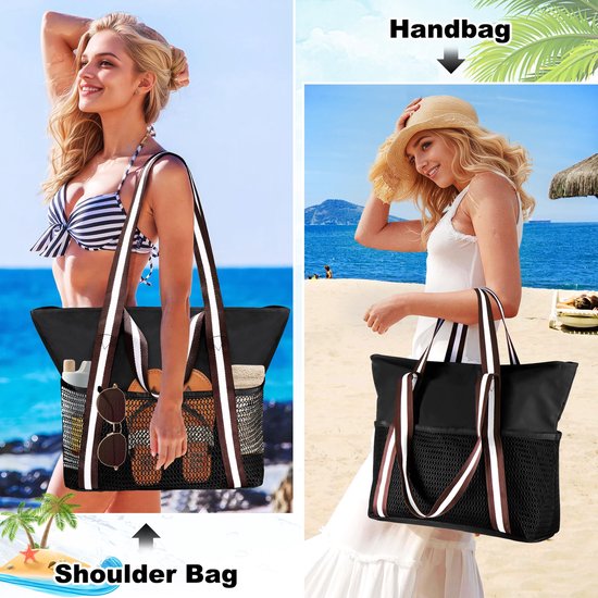 Strandtas Dames met Ritssluiting, Grote Waterdichte Gaaszwemtas Familie Opvouwbare Saunatas Handtas Schoudertas voor Strand Reizen Zwembad Vakantie — afbeelding 5