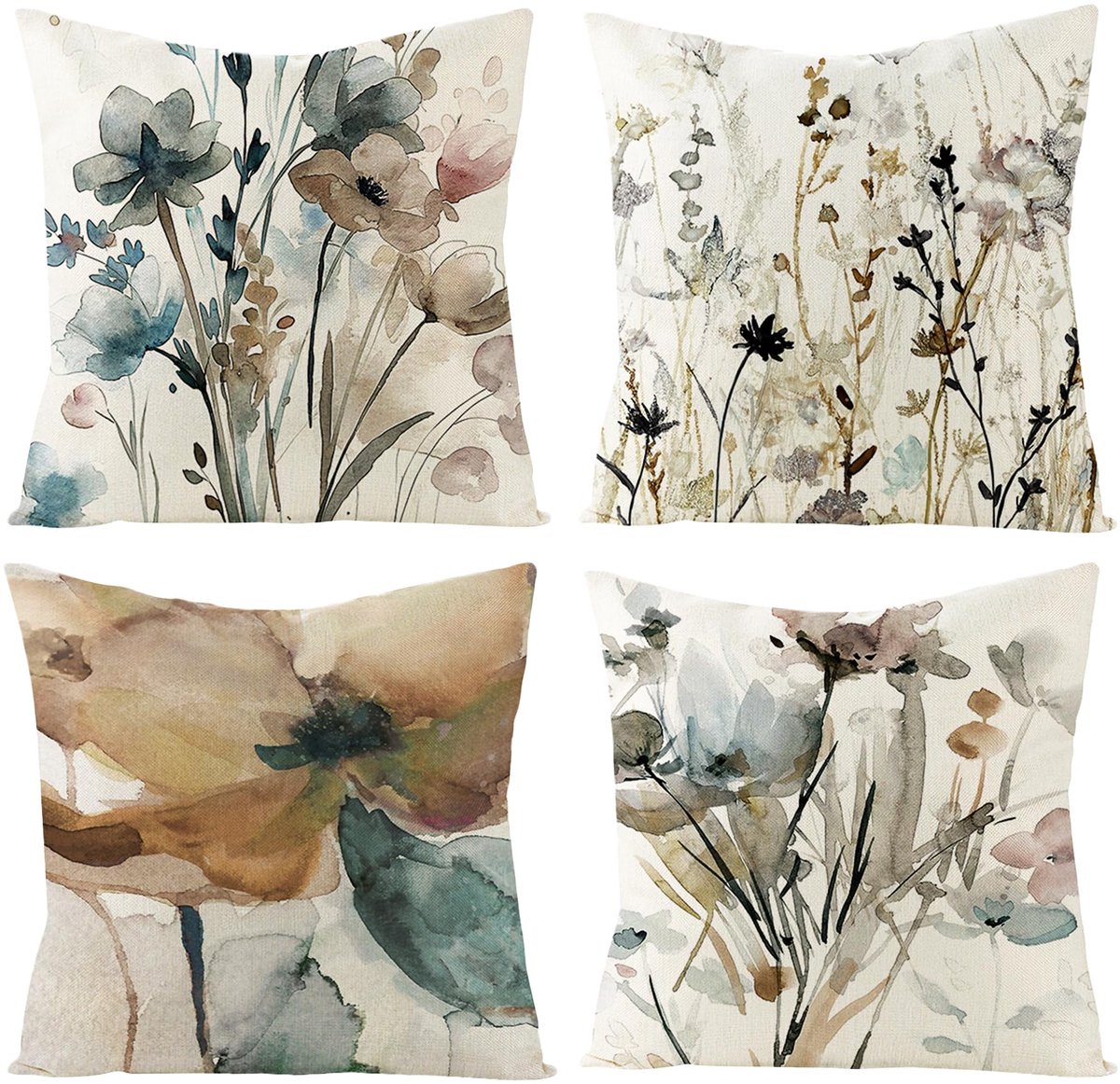 Bloemen kussensloop 45 x 45 cm, set van 4, mode wilde bloemen bladeren geometrisch patroon lente kussenslopen, decoratieve linnen kussenhoezen, aquarelschilderij kussenhoezen voor bank