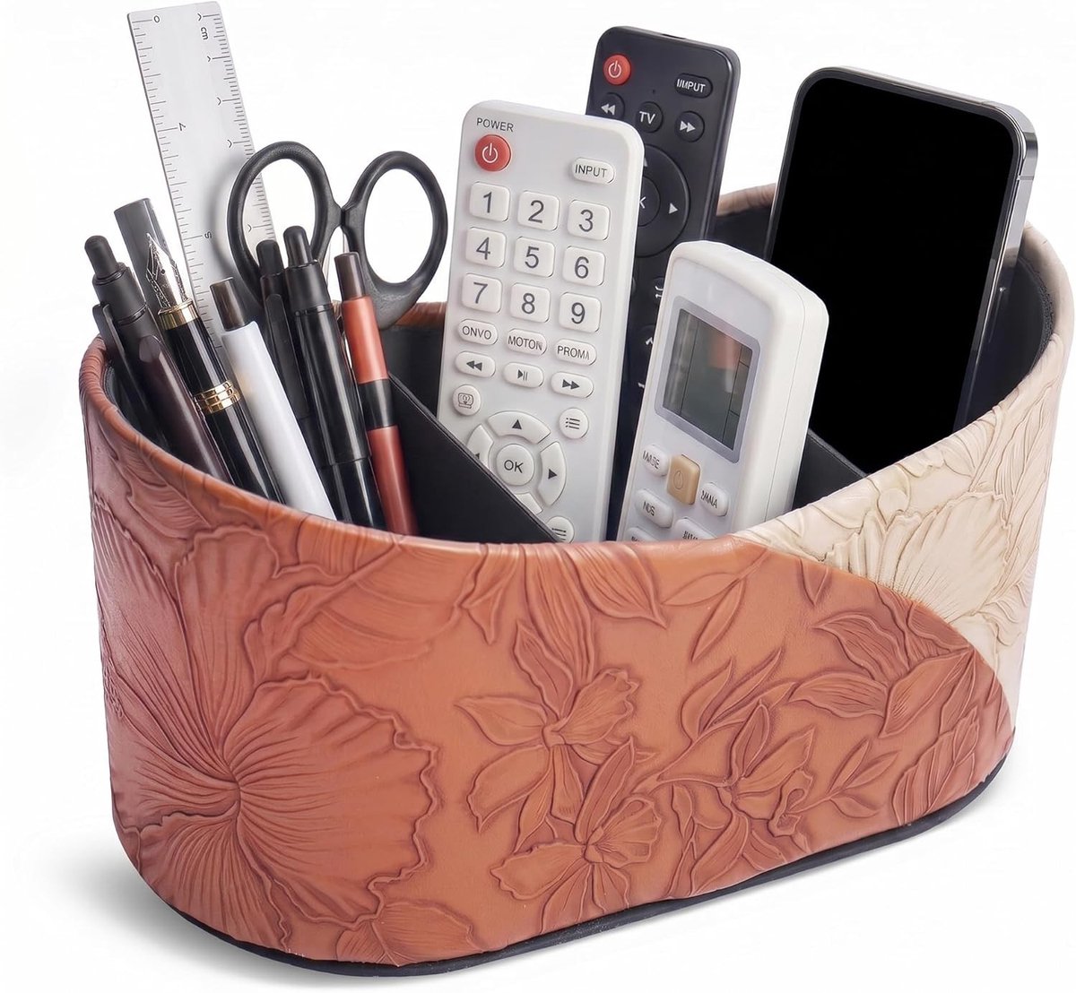 Multifunctionele lederen organizer met twee bladeren, afstandsbediening houder en potloodhouder, 3 compartimenten voor bureau en kantooraccessoires