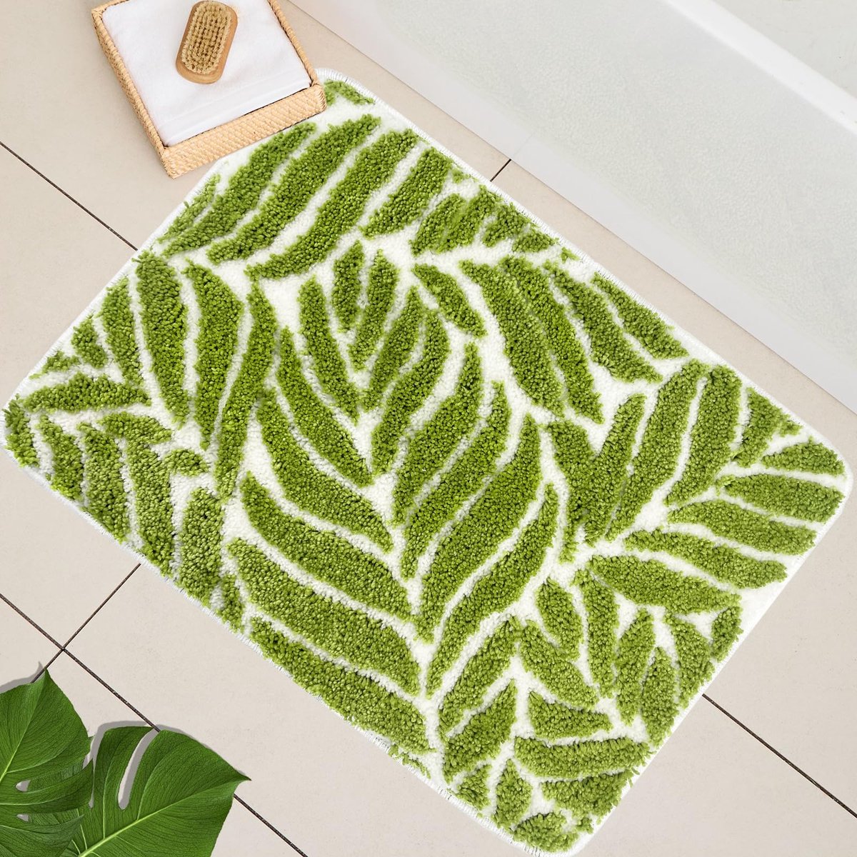 Badkamertapijten met grasgroen blad - schattige badmat, groene badmatten antislip machinewasbaar, grappige badkamerdecoratie, waterabsorberende badtapijten voor wastafel badkuip, douche 50 x