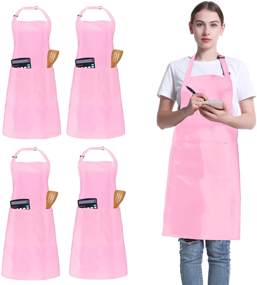 set van 4 stuks, verstelbaar schort met 2 zakken, uniseks, gepersonaliseerd schort voor koken, keuken, restaurant