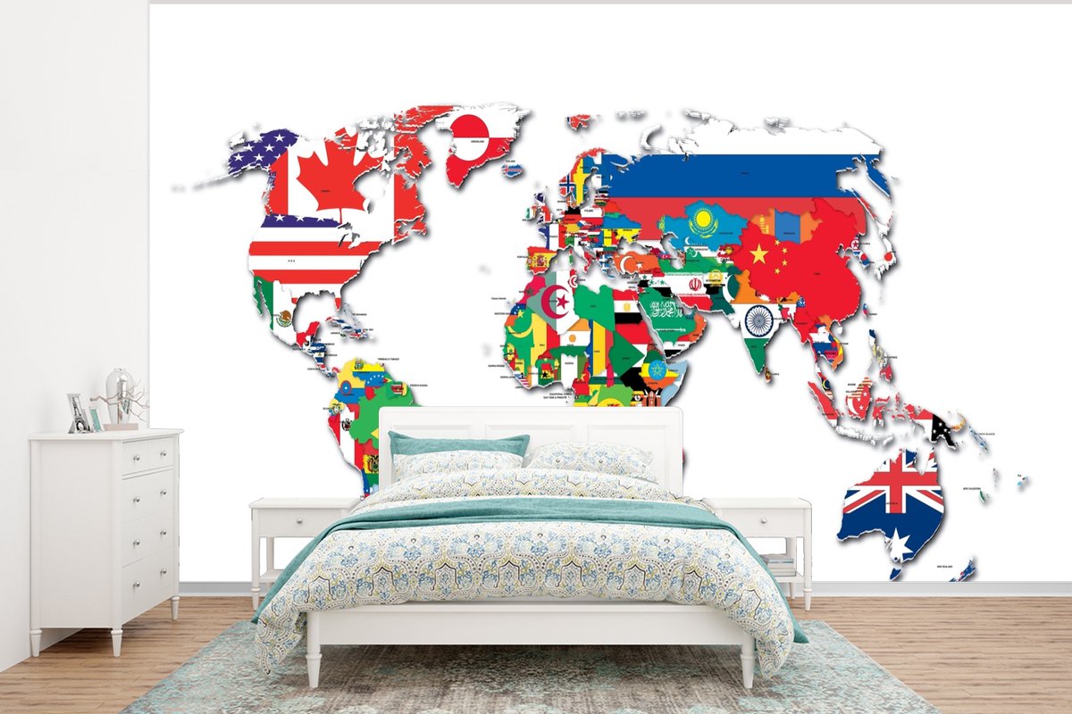 Behang - Fotobehang Wereldkaart - Vlaggen - Trendy - Breedte 295 cm x hoogte 220 cm
