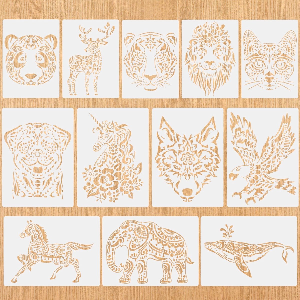 Dailygoods- Dierenstencil 12 Stuks - Sjablonen voor Schilderen - DIY Muurdecoratie - Wasbaar en Herbruikbaar - PET-Materiaal - 29 x 21 cm