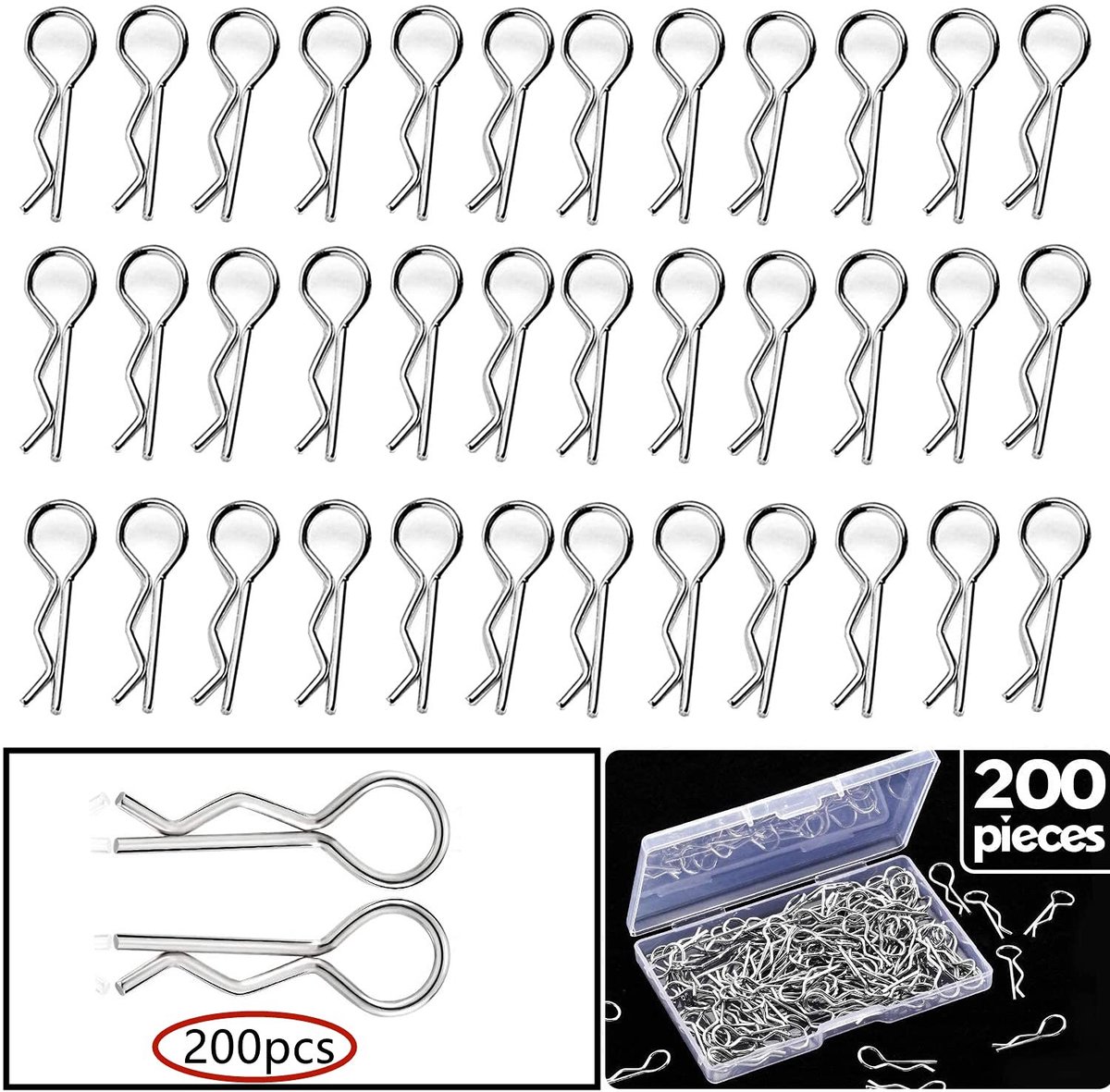 Dailygoods- Body Clip 200 Stuks - Roestvrij Staal - Universele 1/10/1/12 RC Auto - Haarspeldtype - Lichtgebogen Ontwerp - Afmetingen 24,3 x 1,2 mm - RC Clips