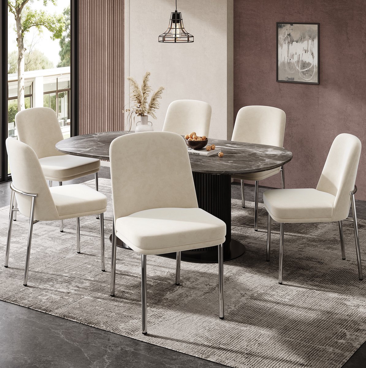 DESMIU Eetkamerstoel 82 Cm - Set Van 2 - Dikke Gewatteerde Zitting Met Zilverkleurig Metalen Frame - Voor Eetkamer - Velvet Beige