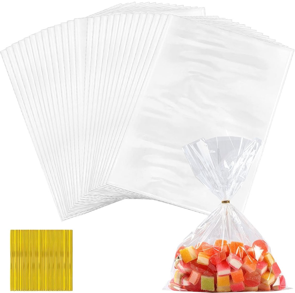100 Stuks Cellofaanzakjes, 20cm x 30cm, Transparant | Met 100 Metalen Bindbanden, Voor Snoep, Koekjes, Desserts, Doorzichtige Cellofanen, Ook voor Popcorn of Zeep