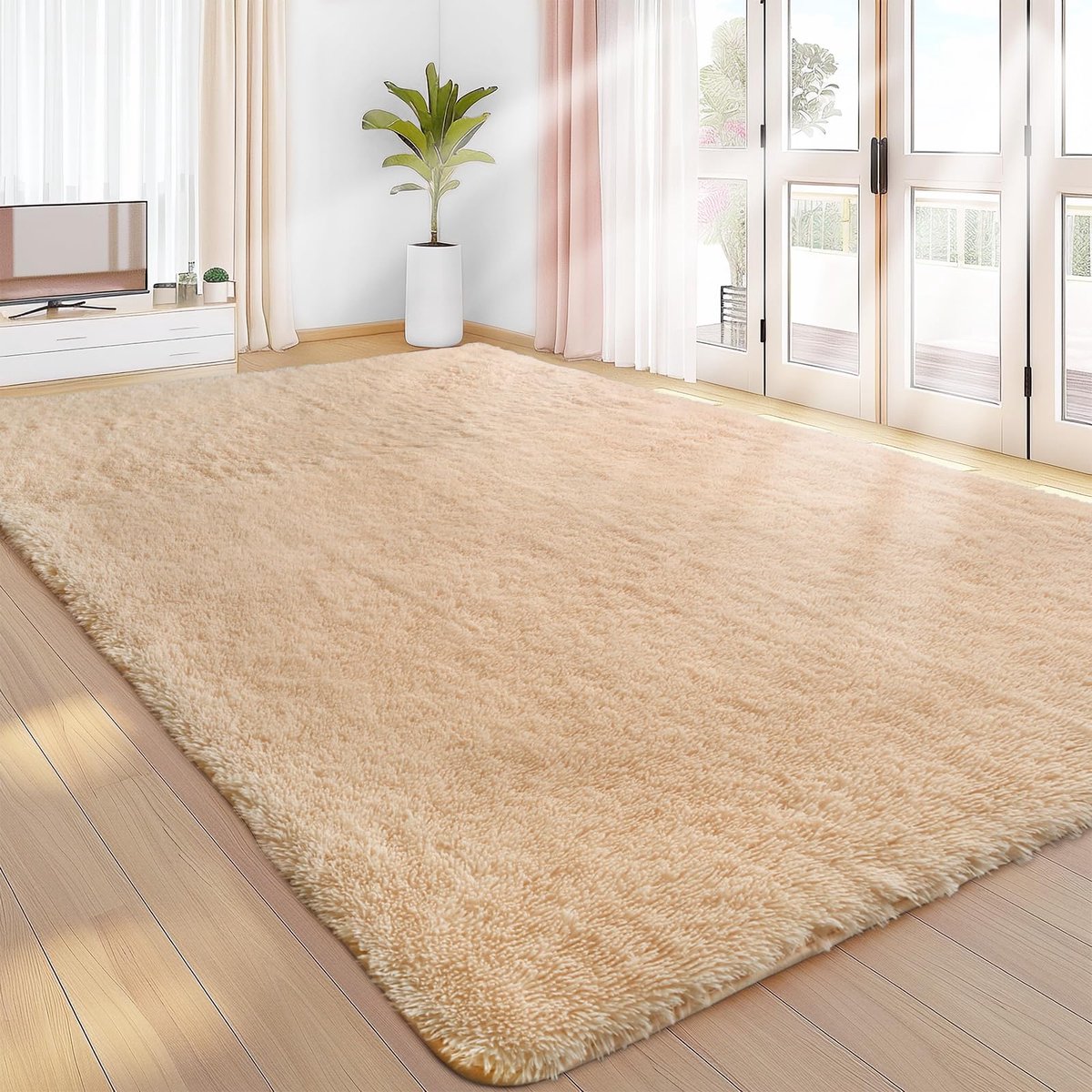 Lemon Hoogpolig tapijt 160x230cm, beige, tapijt, woonkamer,wasbaar, antislip, extra groot, slaapkamer, pluizige moderne tapijten, mat tapijten voor slaapkamer en kinderkamer