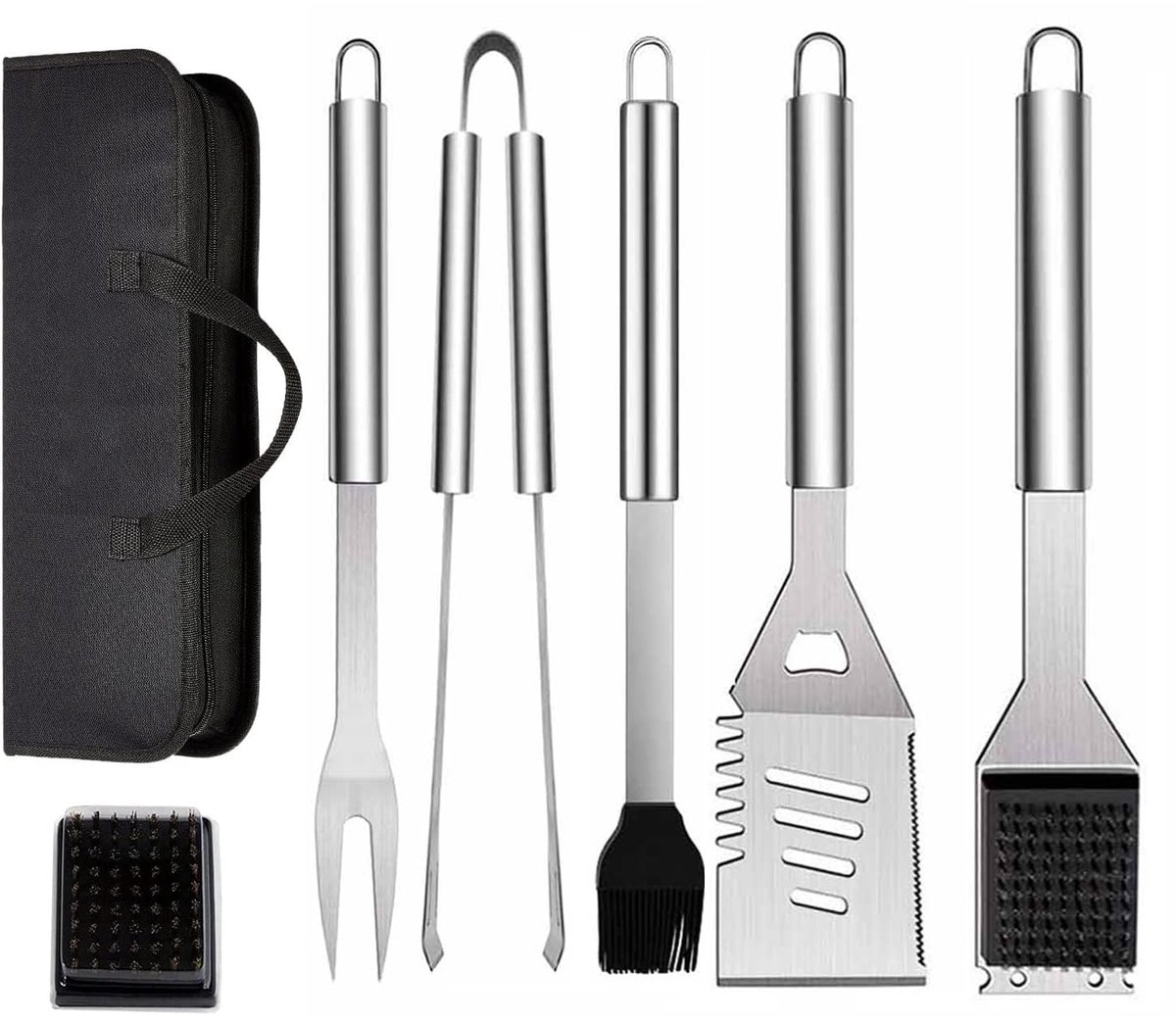 7-Delige BBQ Grill Gereedschapsset - RVS Barbecue Gebruiksvoorwerpen Met Draagtas, Spatel, Tang en Vork - Accessoires Voor Koken en Outdoor Camping