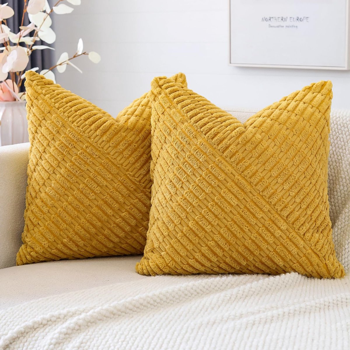 Set van 2 corduroy kussenslopen, decoratieve zachte Boho kussensloop, moderne patchwork kussensloop, sofakussen, sierkussen, voor woonkamer, slaapkamer, decoratie (40 x 40 cm, mosterdgeel)