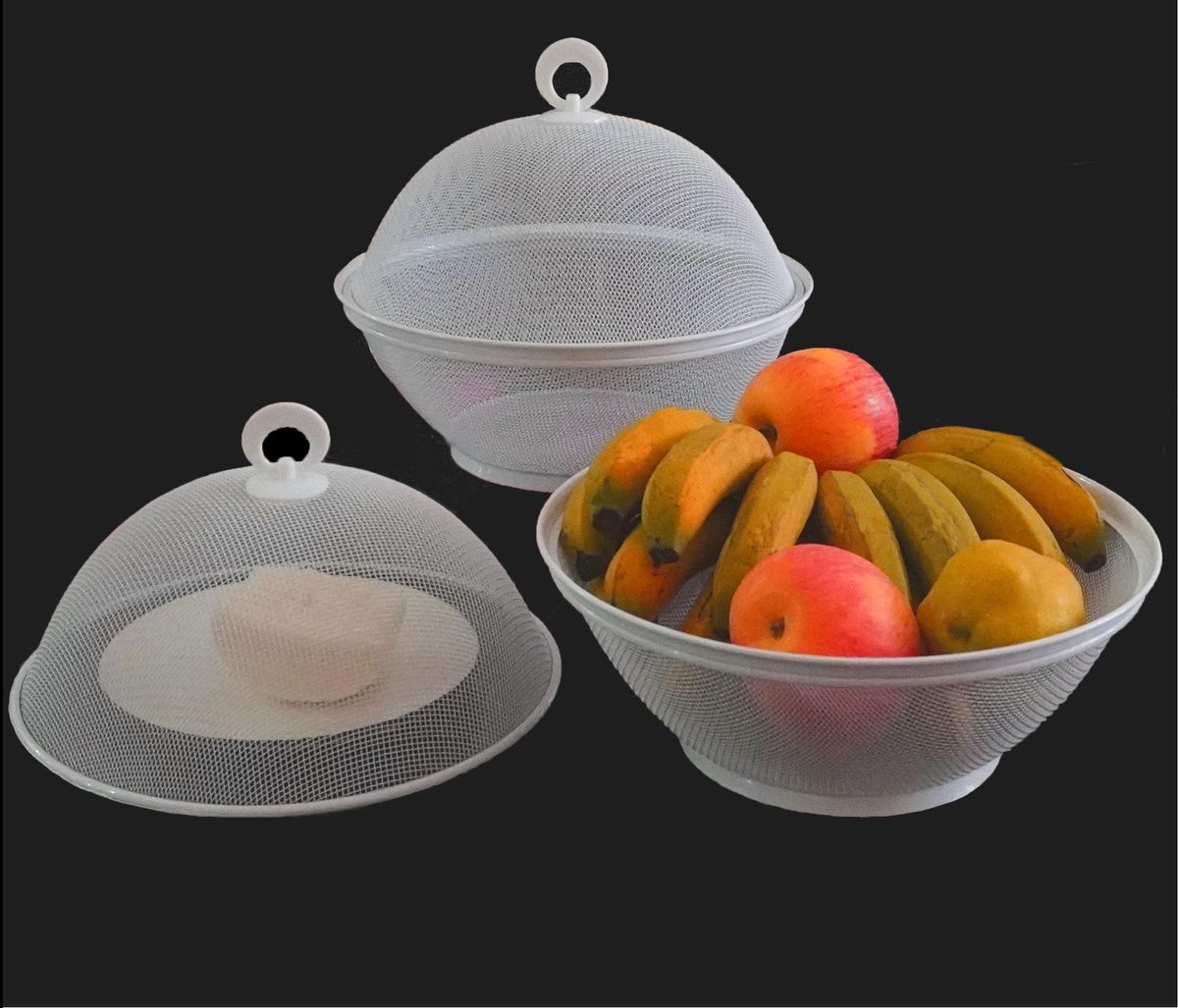 Fruitmand voor de tafel, mand met deksel, tegen muggen en vliegen, rond, robuust, voor levensmiddelen, groenten en fruit, wit brood (2 sets)