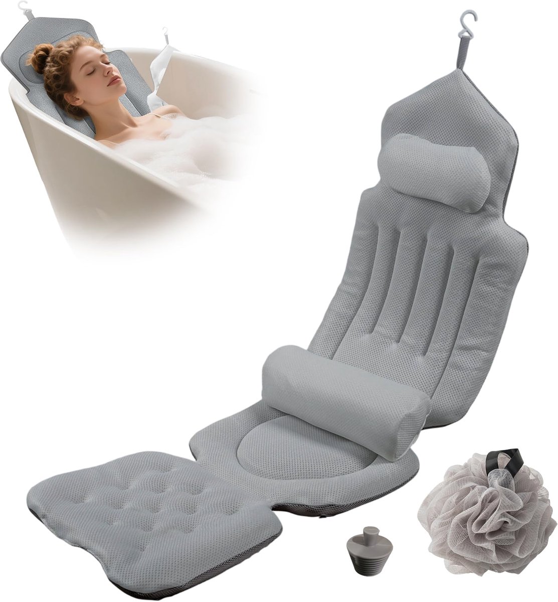 Badkussen met hoofdsteun, afneembare lendensteun en 192 zuignappen, antislip badmat, netkussen, sneldrogend, huidvriendelijk, machinewasbaar