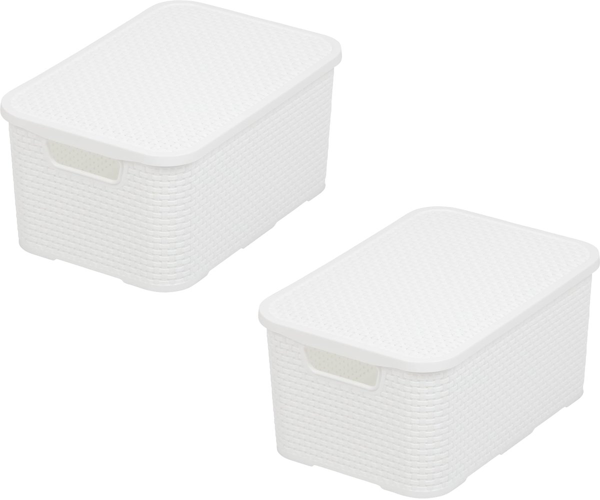 Home essential Mand met deksel in rotan design, 2-delige set, maat M (28,8 x 19,7 x 16,2 cm), 19 l, BPA-vrije kunststof (polypropeen), wit, 2 stuks