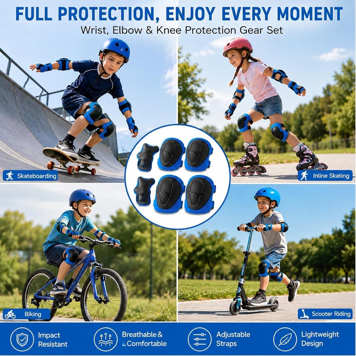 Compleet Skate Beschermingsset met 6 Stuks Verstelbare Knie- Elleboog- en Polsbeschermers voor Inline Skaten Skateboards en Scooters in