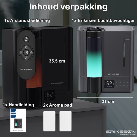 Pakketinhoud: Zwarte Erikssøn luchtbevochtiger, afstandsbediening, handleiding en twee aroma pads.