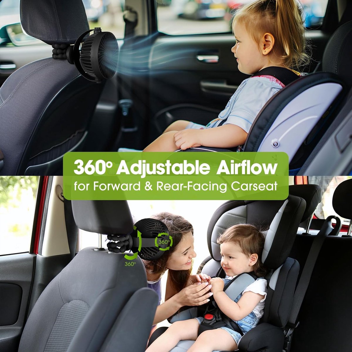 Kinderwagen Ventilator – USB Oplaadbaar – 5200mAh Accu – 360° Draaibaar – 3 Snelheden – Flexibele Klem – Zwart