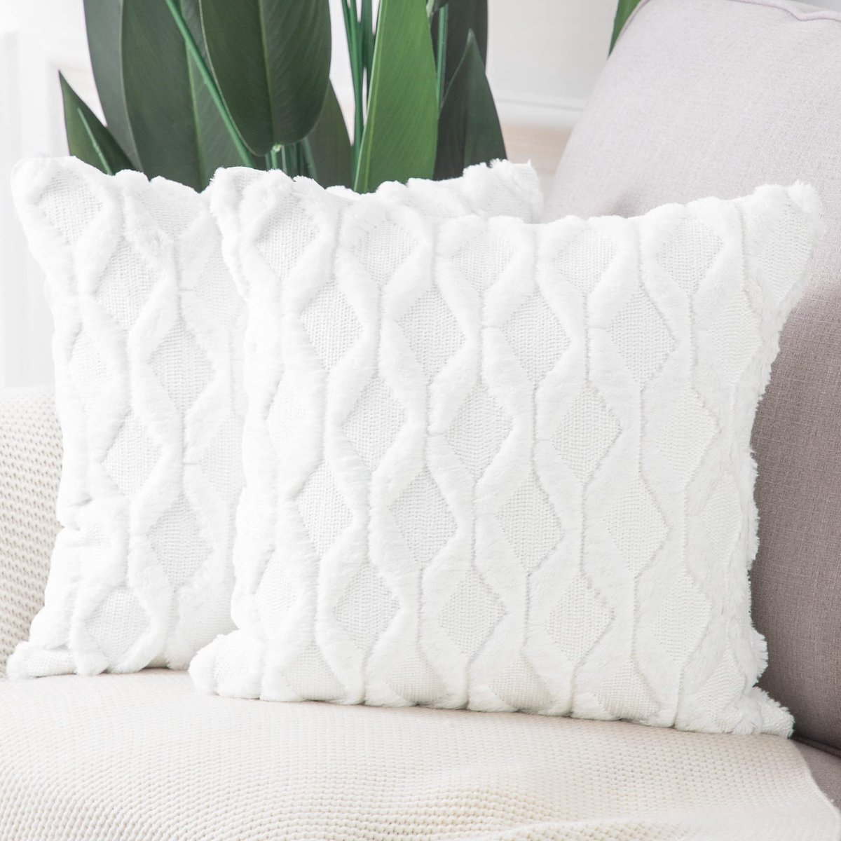 Set van 2 zachte pluche korte wol fluwelen decoratieve Kussenhoezen luxueuze stijl kussenhoes voor bank slaapkamer 65x65 cm Puur Wit