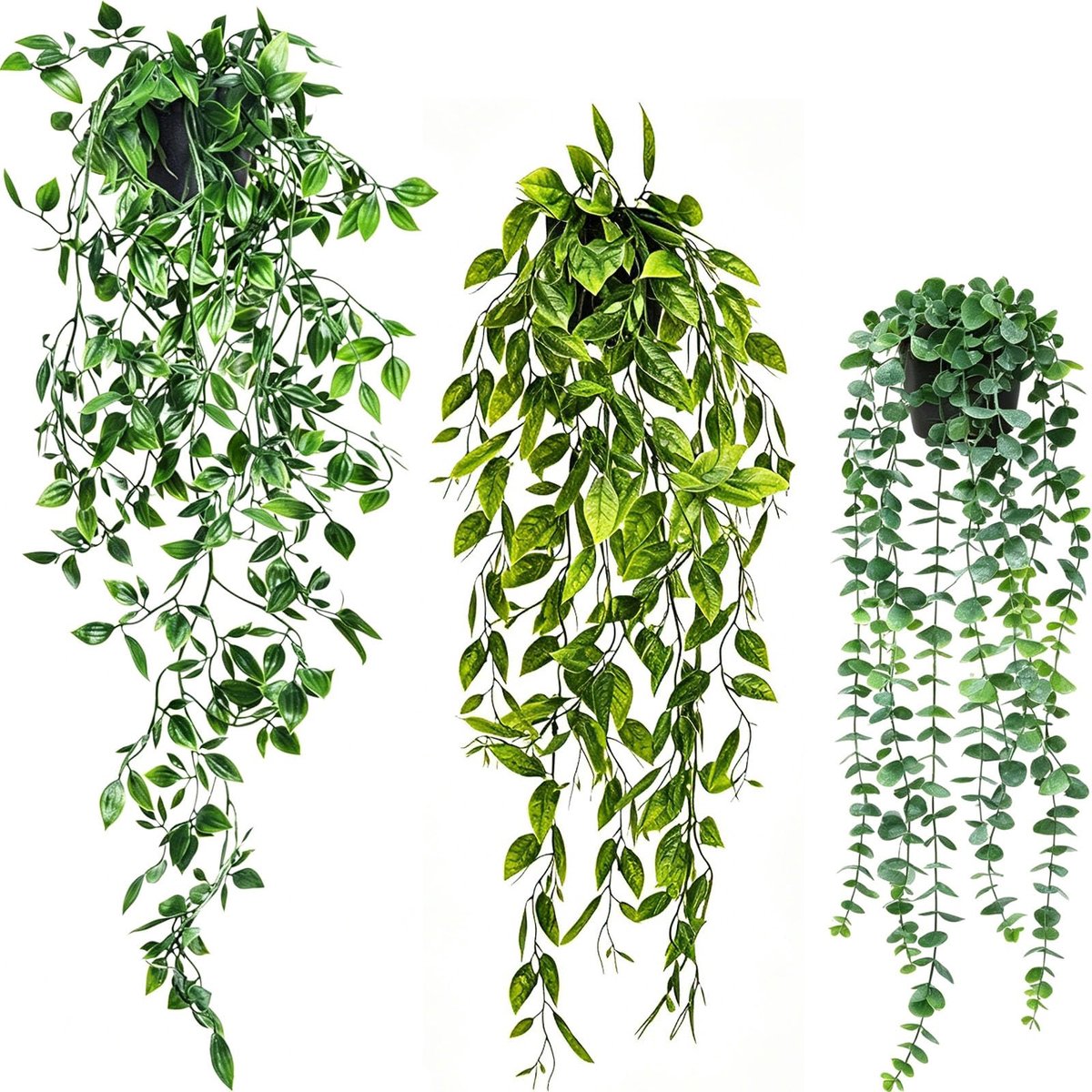 3 stuks kunstplanten om op te hangen met pot, kunstplanten om op te hangen, voor plank, klimop, groen, verzorging, 80/65/56 cm, hangplant, voor kantoor, woonkamer, balkon, tuin